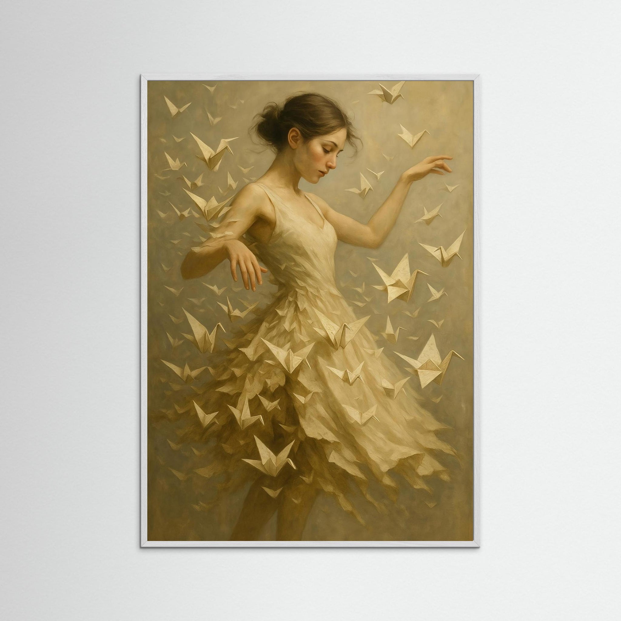 Origami Dance als Kunstmotiv mit weißem Echtholzrahmen