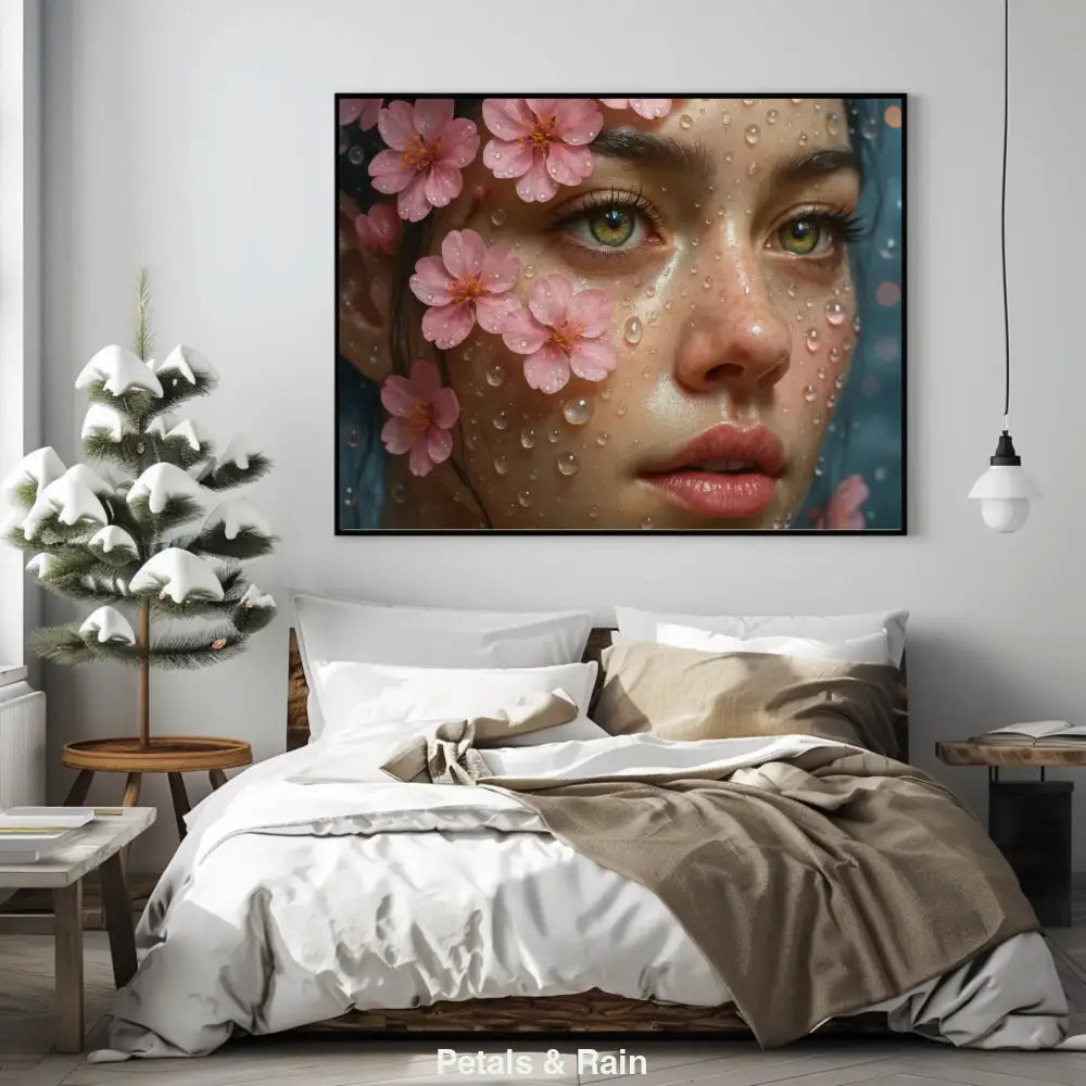 Nahaufnahme eines Gesichts mit rosa Kirschblüten und Regentropfen – zart, verträumt und poetisch.