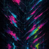 Photon Drift – AI Art, abstraktes Neonmotiv mit pinken, blauen und gelben Lichtströmen auf dunklem, reflektierendem Hintergrund.