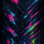 Photon Drift – AI Art, abstraktes Neonmotiv mit pinken, blauen und gelben Lichtströmen auf dunklem, reflektierendem Hintergrund.