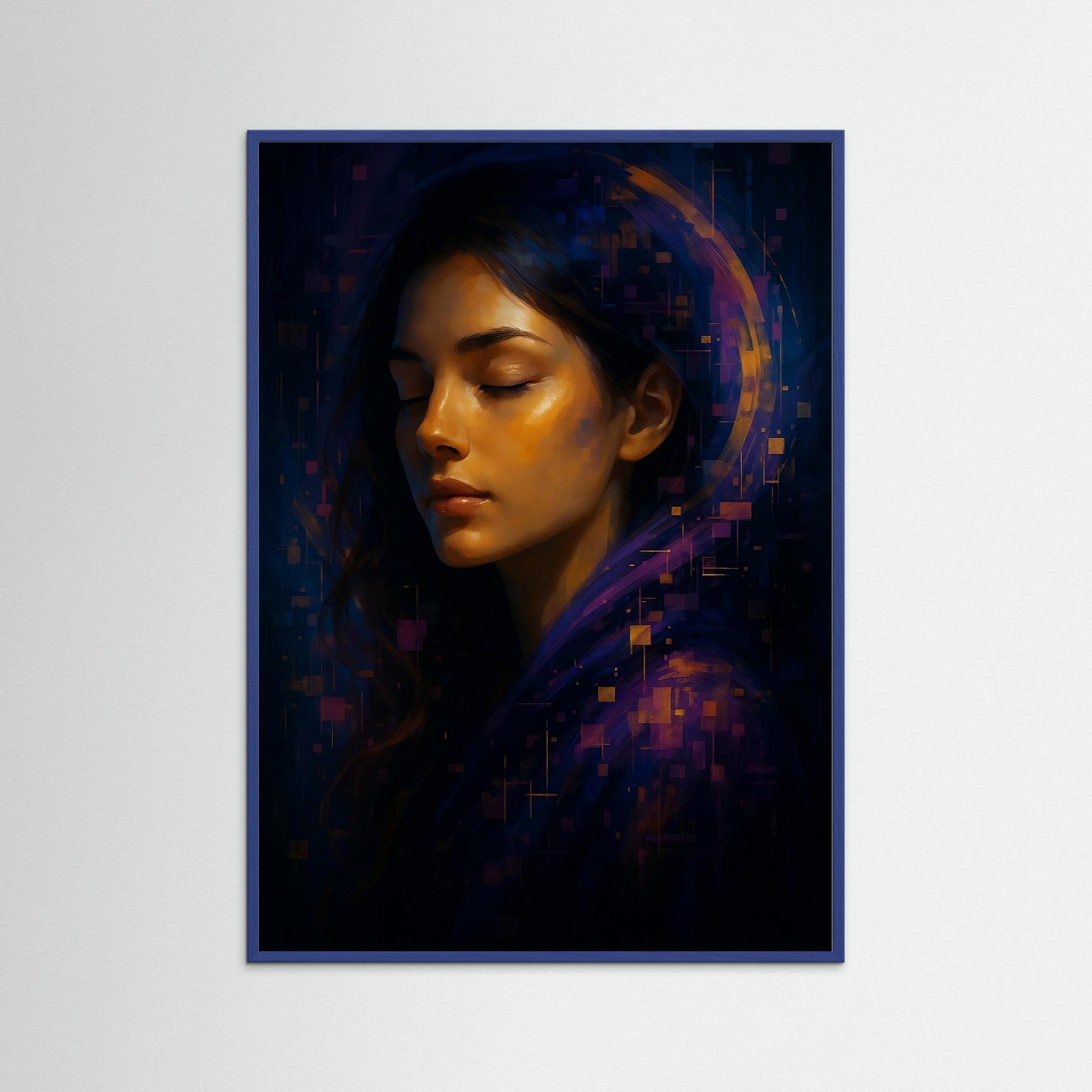 Pixel Dreams als Kunstmotiv mit blauem Echtholzrahmen