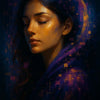 AI Portrait mit goldenen Lichtreflexen und pixelartigen Formen in Violett und Blau, digitaler Traumlook
