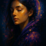 AI Portrait mit goldenen Lichtreflexen und pixelartigen Formen in Violett und Blau, digitaler Traumlook