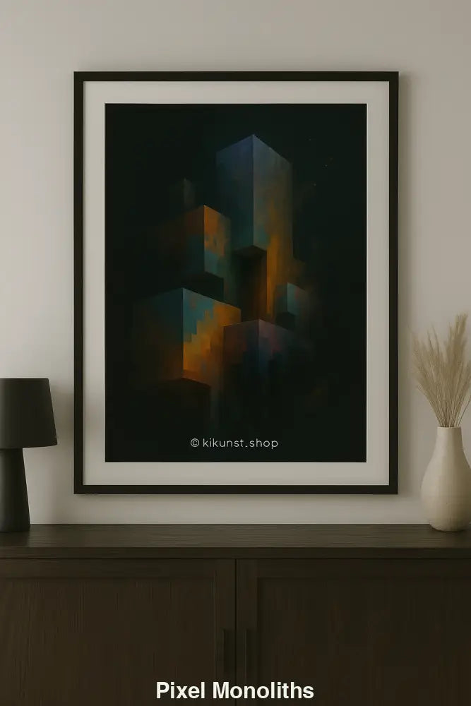 Gerahmte digitale Kunst mit leuchtenden, geometrischen Kuben in dunkler Szenerie – über dunklem Holzsideboard mit moderner Deko.