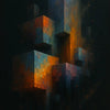 Abstrakte digitale Kunst mit leuchtenden Pixelwürfeln, die im dunklen Raum schweben, in Blau-, Orange- und Violetttönen.