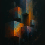 Abstrakte digitale Kunst mit leuchtenden Pixelwürfeln, die im dunklen Raum schweben, in Blau-, Orange- und Violetttönen.