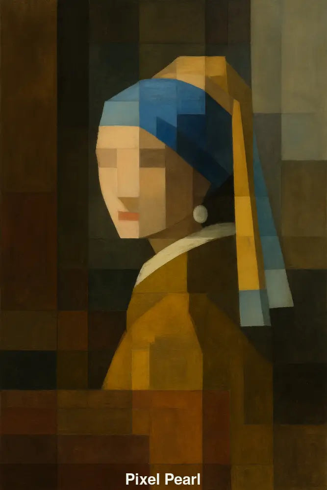 AI Kunst im Pixel-Art-Stil inspiriert von Vermeers „Mädchen mit dem Perlenohrring“.