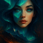 AI Porträt einer Frau mit Nordlichtern im Gesicht – magisch, leuchtend, geheimnisvoll.