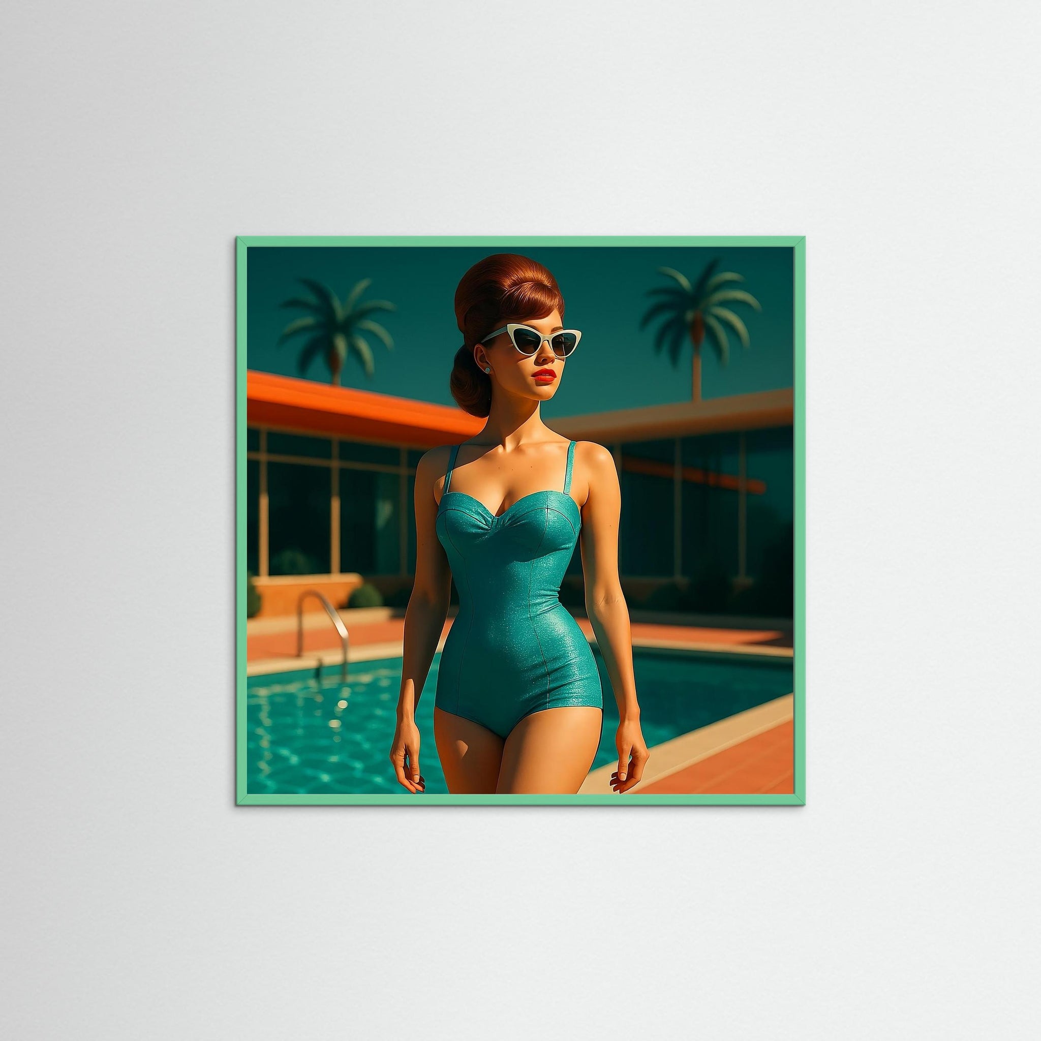 Poolside Muse als Kunstwerk mit Echtholzrahmen in Mint