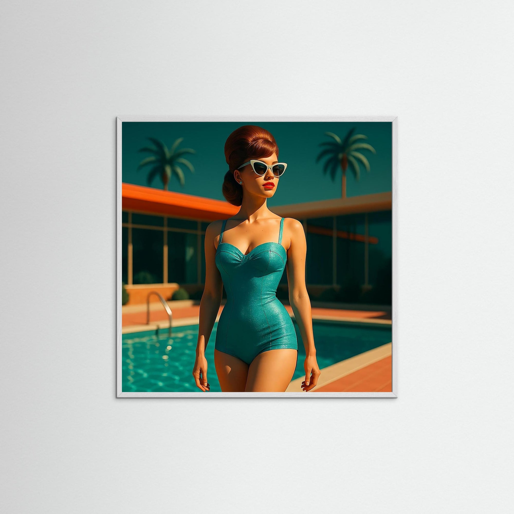 Poolside Muse als Kunstmotiv mit weißem Echtholzrahmen