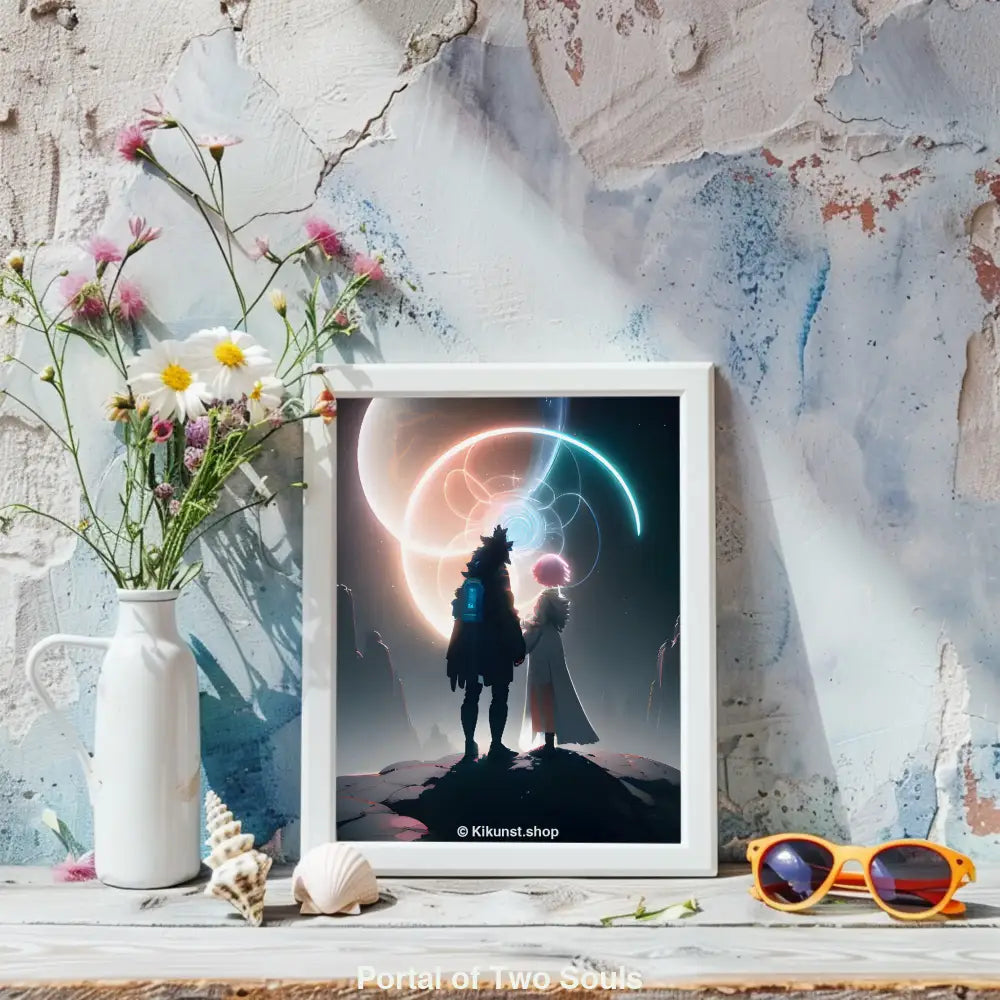 Mockup mit zwei Figuren vor einem leuchtenden Portal im All, symbolisch für Verbindung, Licht und futuristische Fantasie