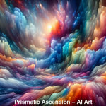 Prismatic Ascension – AI Art, farbenprächtige Wolkenformation mit leuchtendem Zentrum und kosmischer Tiefe.