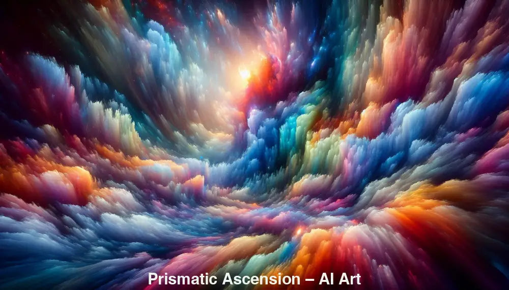Prismatic Ascension – AI Art, farbenprächtige Wolkenformation mit leuchtendem Zentrum und kosmischer Tiefe.