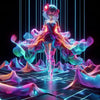 Pulsewave Princess – AI Art, leuchtende Idol-Figur in Neonfarben mit fließendem Lichtkleid auf futuristischer Bühne.