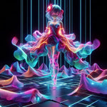 Pulsewave Princess – AI Art, leuchtende Idol-Figur in Neonfarben mit fließendem Lichtkleid auf futuristischer Bühne.