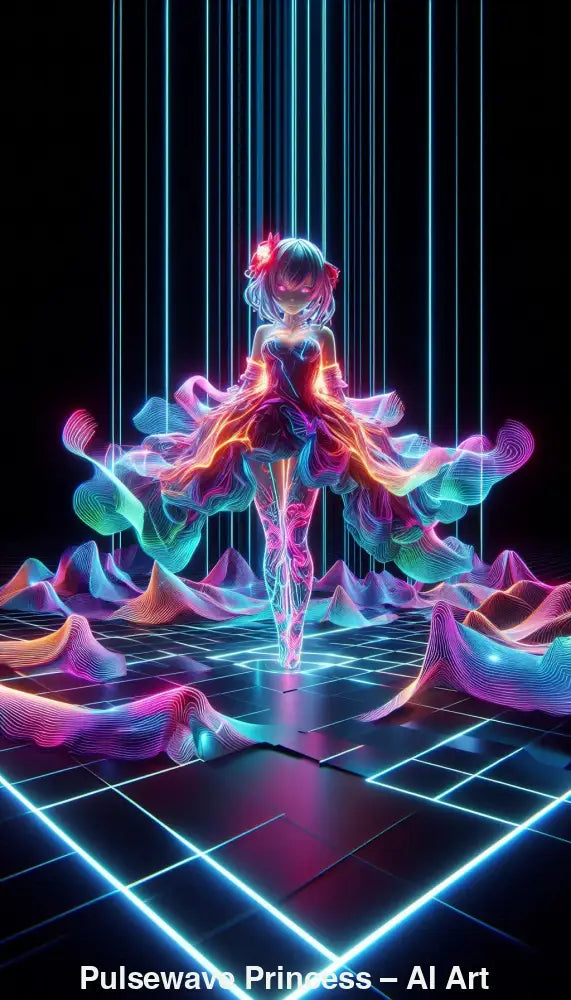 Pulsewave Princess – AI Art, leuchtende Idol-Figur in Neonfarben mit fließendem Lichtkleid auf futuristischer Bühne.