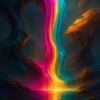 Leuchtender Regenbogen-Wasserfall in digitaler AI Kunst, umgeben von mystischer Landschaft.