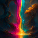 Leuchtender Regenbogen-Wasserfall in digitaler AI Kunst, umgeben von mystischer Landschaft.
