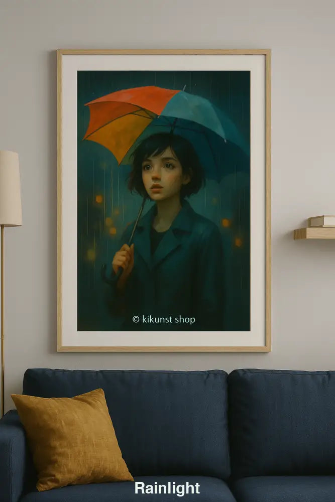 „Gerahmte digitale Illustration eines nachdenklichen Mädchens mit buntem Regenschirm im Regen – über einem blauen Sofa mit minimalistischer Deko.“