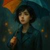 Mädchen mit buntem Regenschirm im Regen, melancholische Stimmung