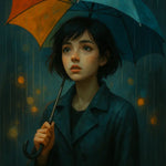 Mädchen mit buntem Regenschirm im Regen, melancholische Stimmung
