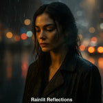 Frau im nächtlichen Regen, Stadtlichter spiegeln sich auf nasser Straße, fotorealistisch und emotional dargestellt.