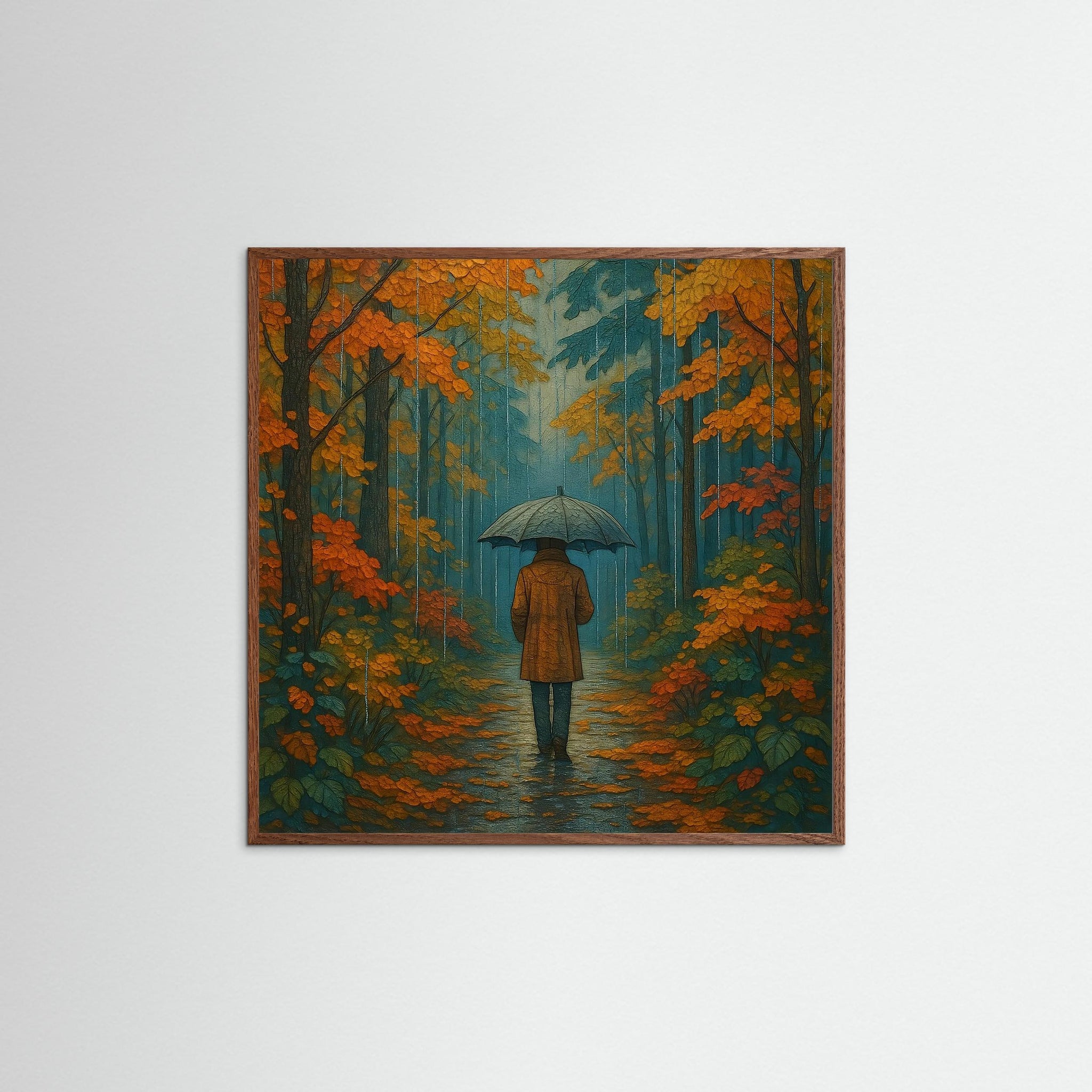Rainwalk Mood als Kunstwerk mit Echtholzrahmen in Dunkler Eiche