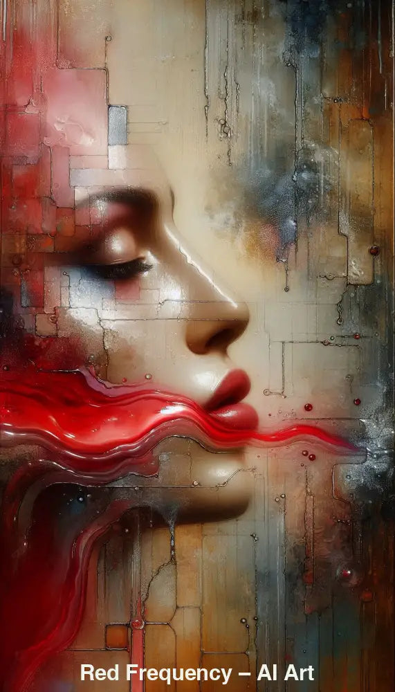 Red Frequency – AI Art, abstraktes Frauenporträt mit fließend rotem Akzent, technoide Strukturen und emotionale Tiefe