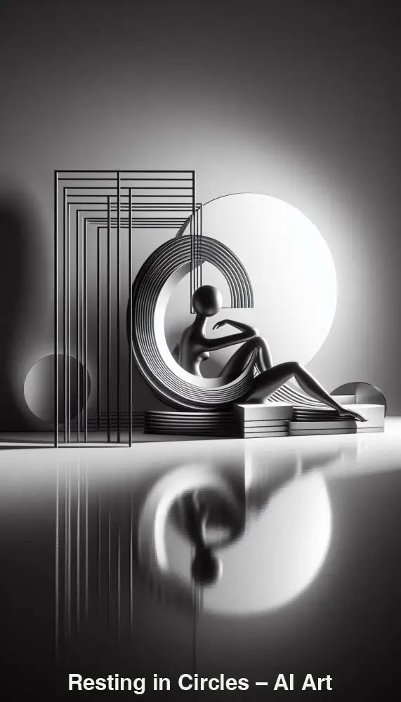 Minimalistische Figur ruht in geometrischen Kreisformen in Schwarz und Weiß und symbolisiert Ruhe, Balance und Stille