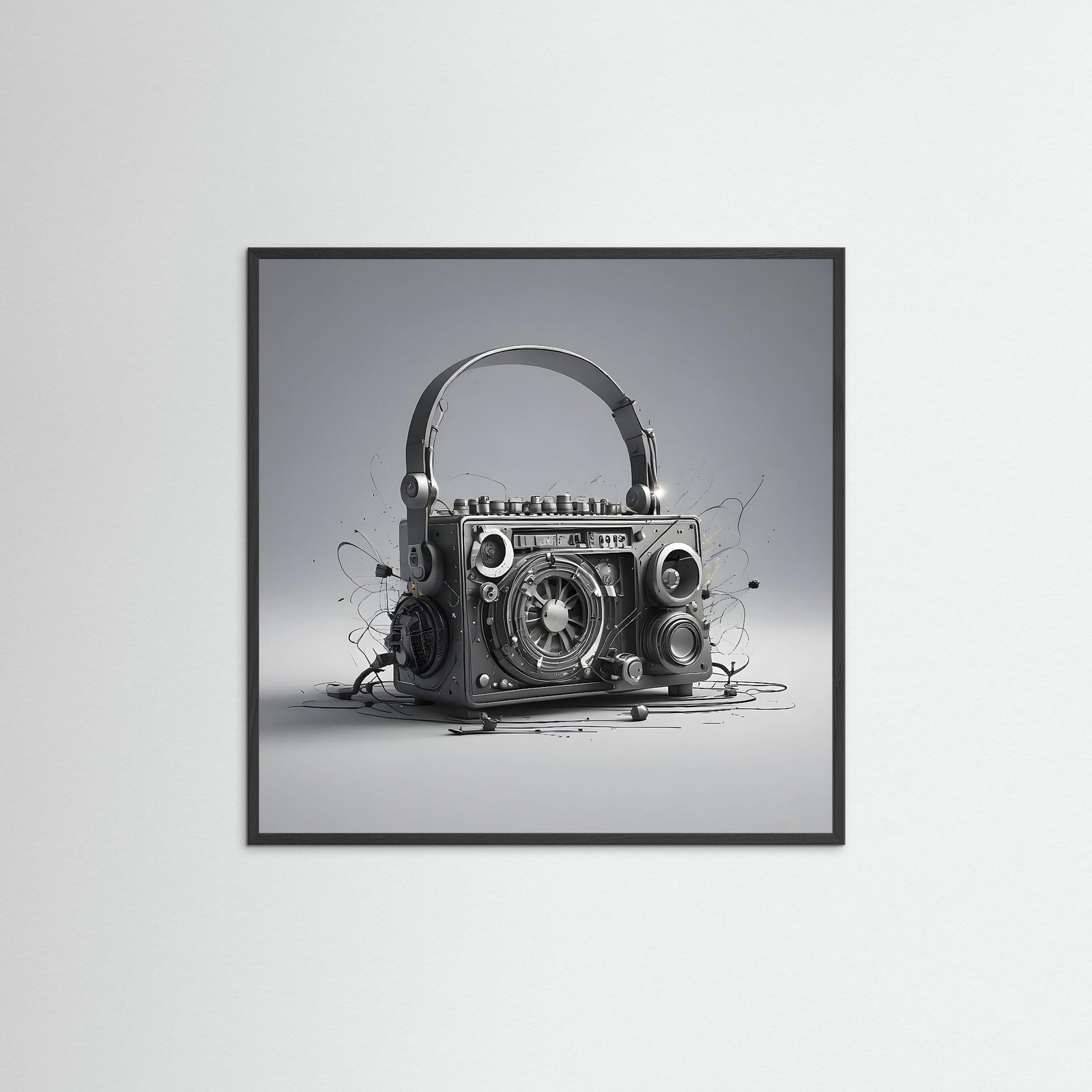 Retro Sound Machine als Kunstwerk mit schwarzem Echtholzrahmen