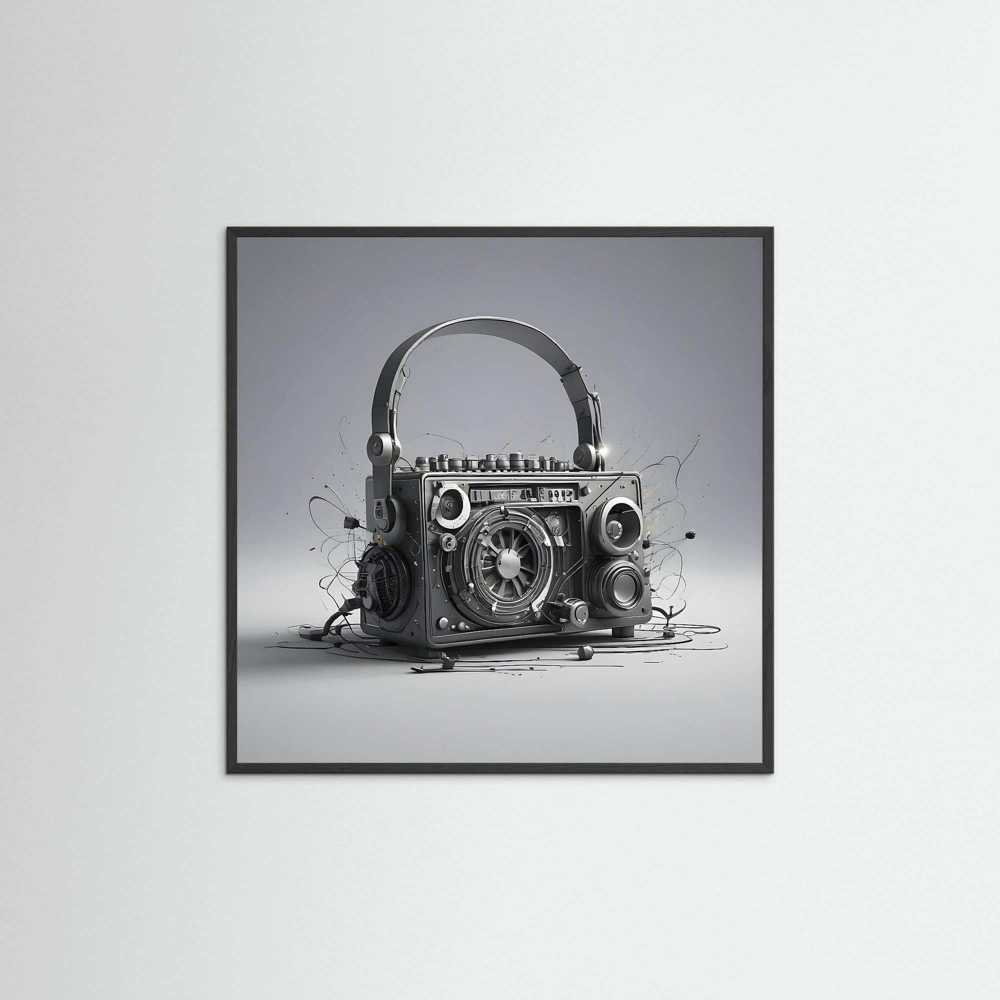Retro Sound Machine als Kunstwerk mit schwarzem Echtholzrahmen