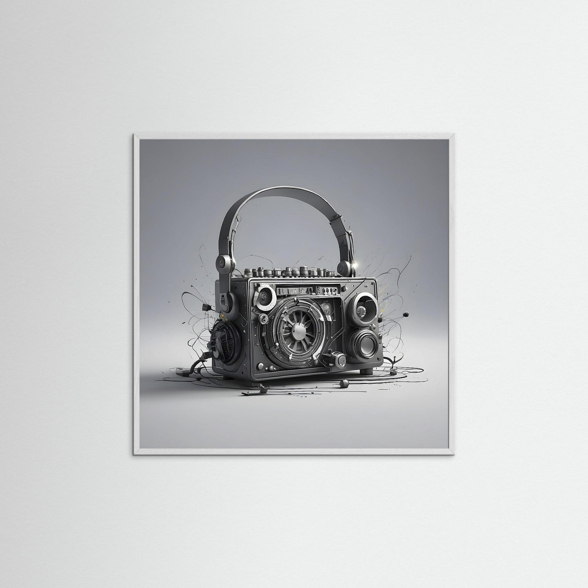 Retro Sound Machine als Kunstmotiv mit weißem Echtholzrahmen