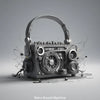 Digitale Illustration einer retro-futuristischen Musikmaschine mit Lautsprechern, Knöpfen und Kabeln im Vintage-Stil