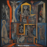 Kunstwerk mit abstrakten Formen, Masken und Farben – eine symbolische, visuell dichte Szene mit spiritueller Tiefe