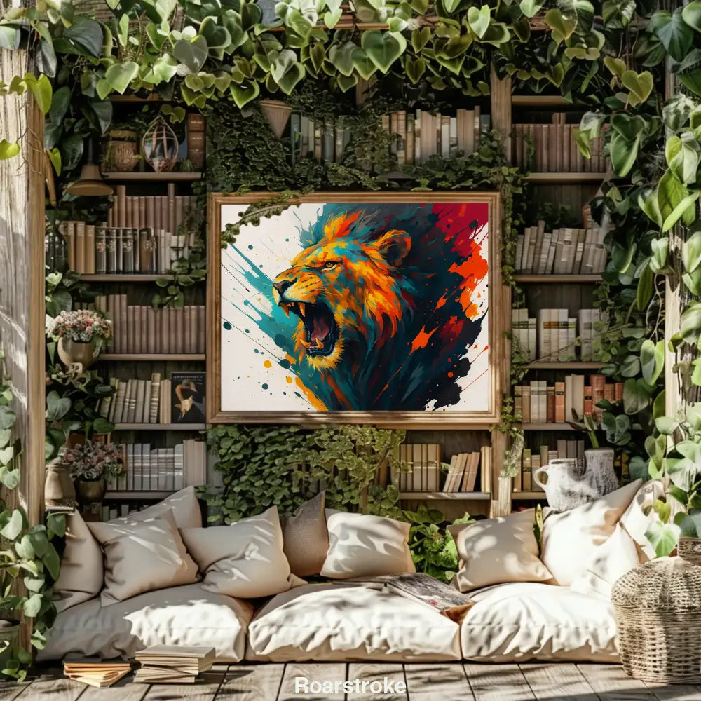Mockup des Kunstdrucks „Roarstroke“ mit brüllendem Löwen in Farbspritzern