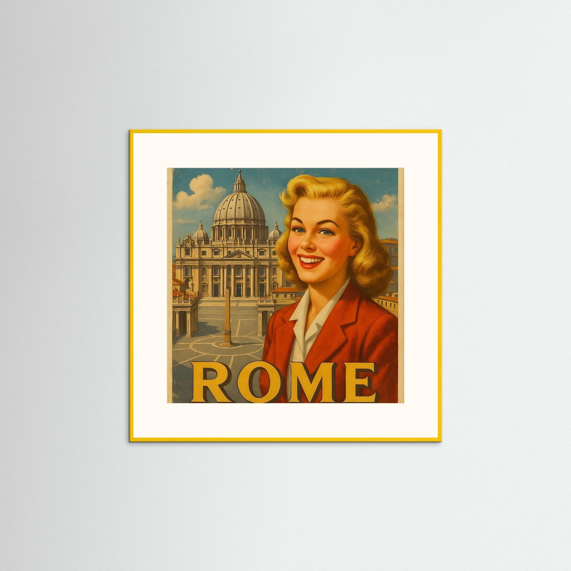 Rome als Kunstmotiv mit gelbem Echtholzrahmen