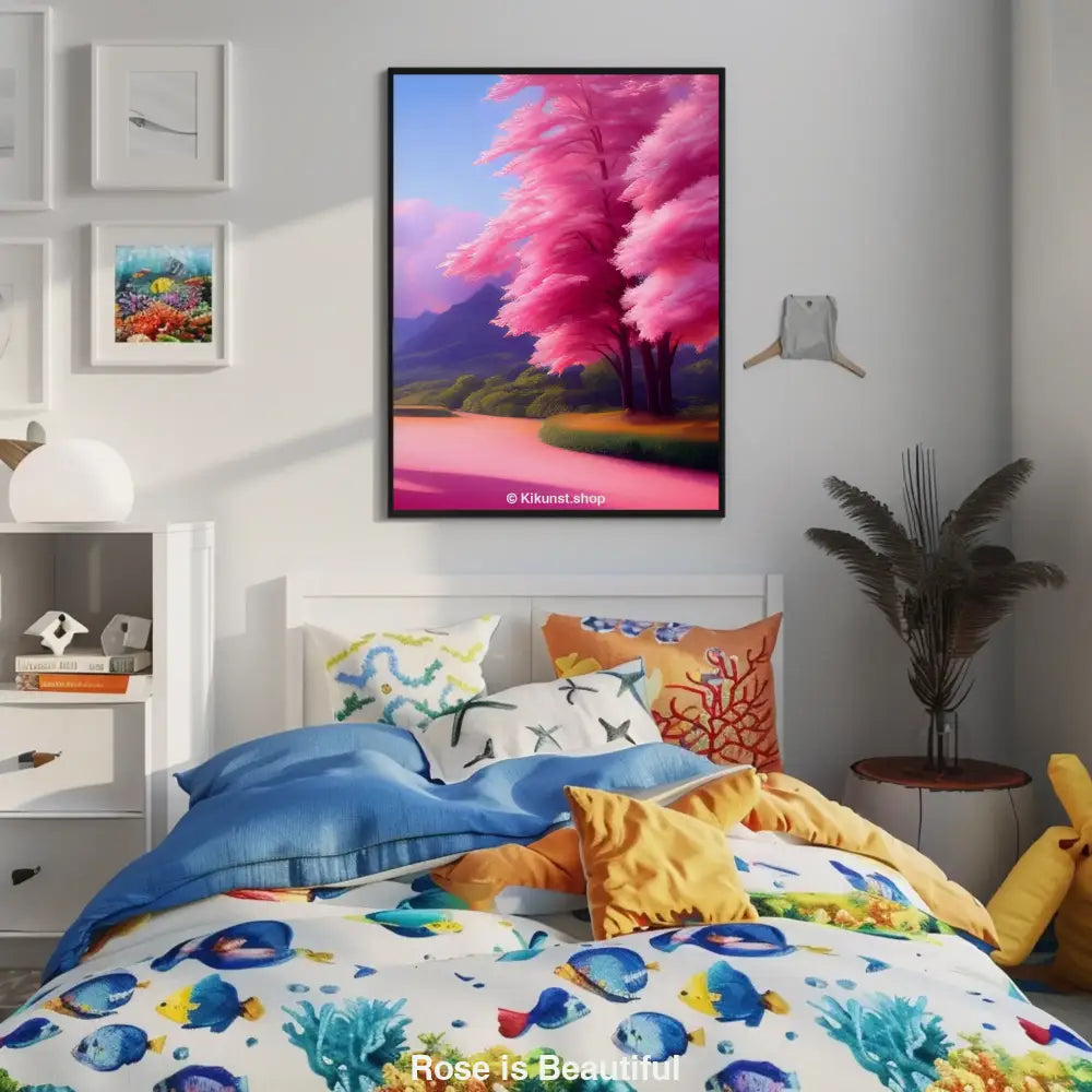 Fantastische Szene mit leuchtend rosa Bäumen, violetten Bergen und pinkem Weg unter klarem Himmel