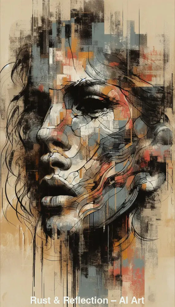 Rust & Reflection – AI Art, fragmentiertes abstraktes Gesicht aus urbanen Strukturen und Rostfarben.
