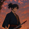 Samurai mit Katana unter Kirschbaum bei Sonnenuntergang, Anime-Stil
