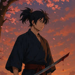 Samurai mit Katana unter Kirschbaum bei Sonnenuntergang, Anime-Stil