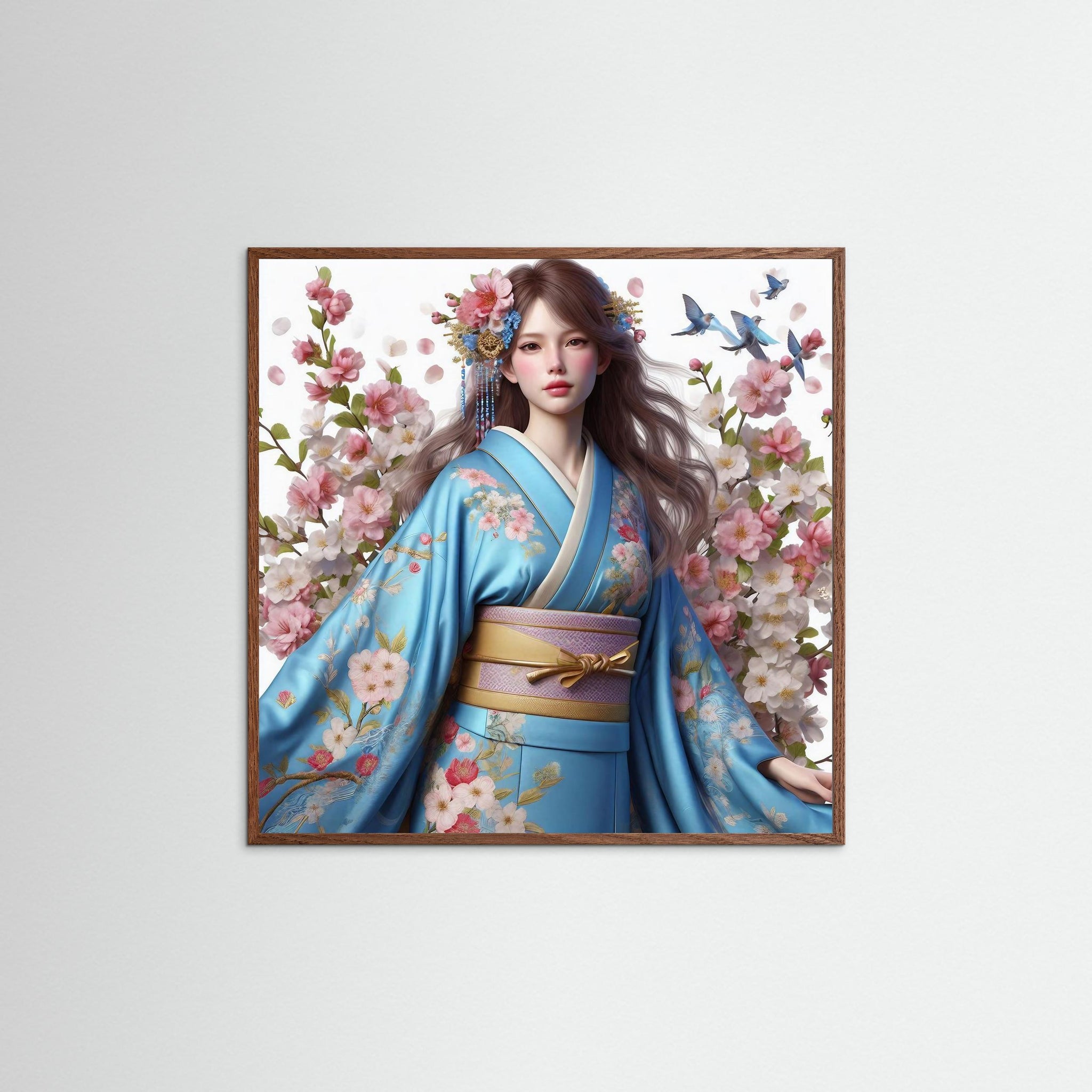 Sakura Elegance als Kunstmotiv mit Echtholzrahmen in Eiche Dunkel
