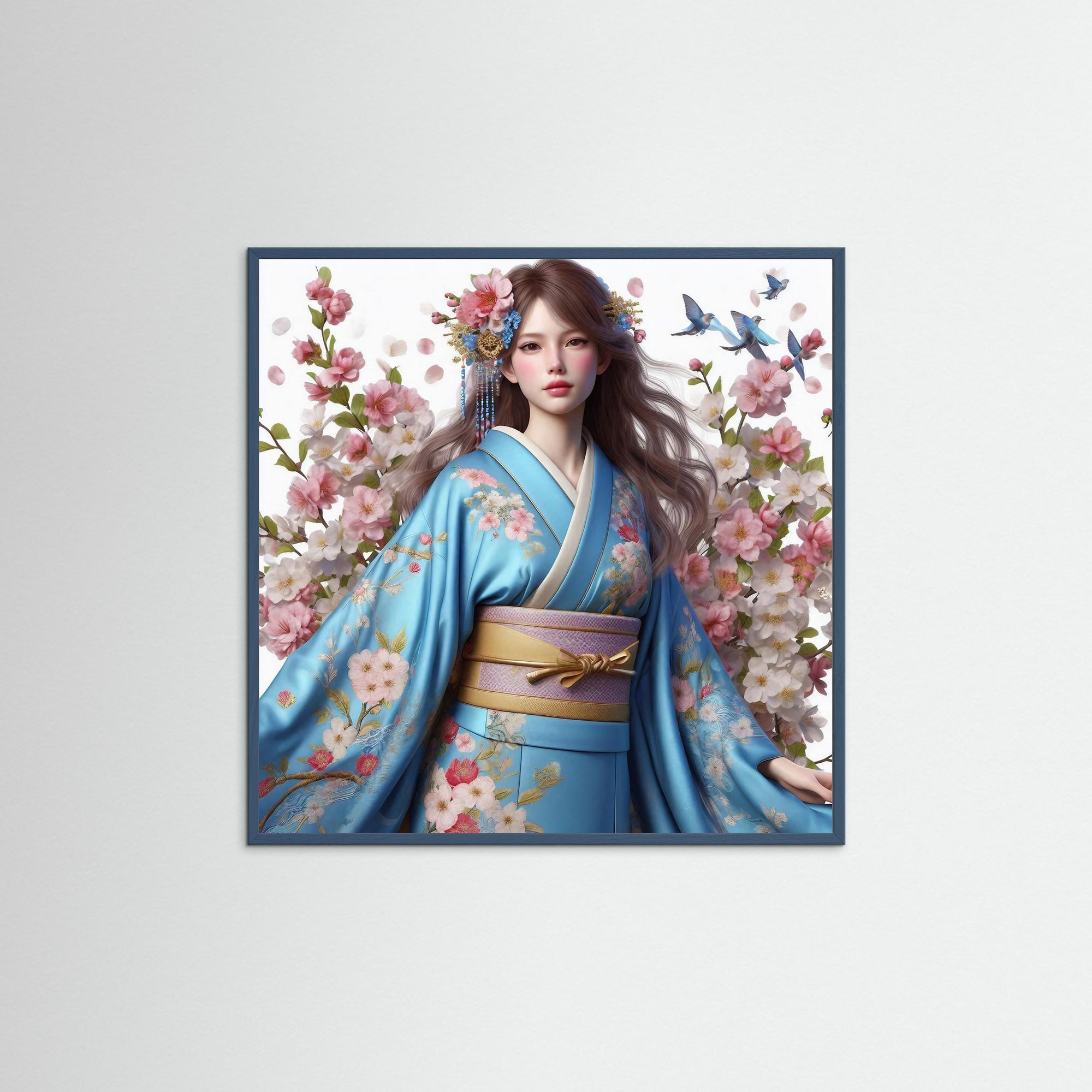 Sakura Elegance als Kunstwerk mit Echtholzrahmen in Teal