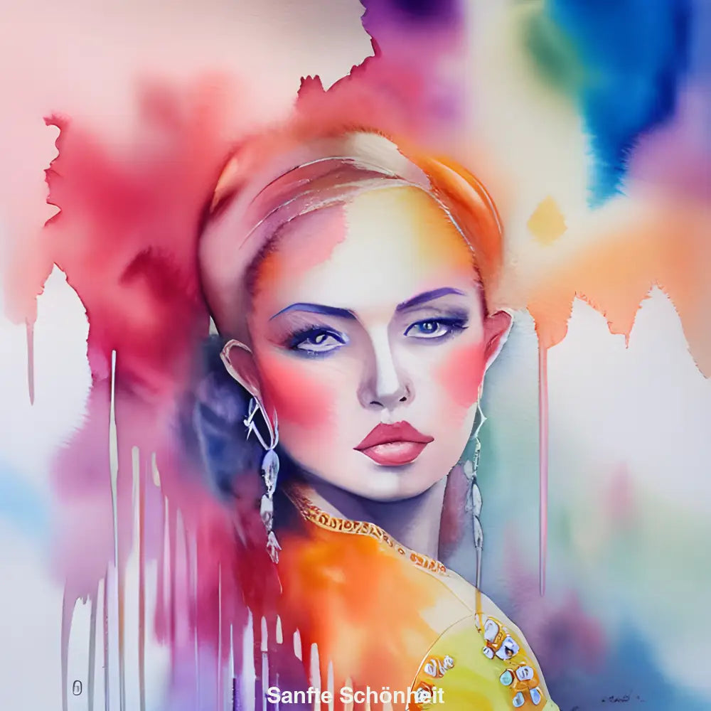 Porträt einer Frau in Rosa-, Blau- und Orangetönen mit melancholischem Blick, KI-generiert, in sanfter Aquarelloptik und leuchtendem Kleid