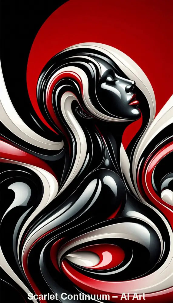Scarlet Continuum – AI Art, abstrakte Figur aus fließenden schwarzen und roten Formen mit glänzender Oberfläche.