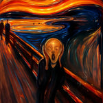 AI Art: Expressionistischer Schrei auf Brücke mit wirbelndem Himmel in leuchtenden Farben – inspiriert von Munch