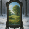 Antiker Spiegel in Winterlandschaft zeigt blühende Frühlingswiese – symbolisches KI-Kunstwerk mit Jahreszeitenkontrast.