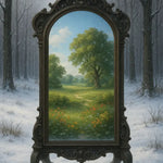 Antiker Spiegel in Winterlandschaft zeigt blühende Frühlingswiese – symbolisches KI-Kunstwerk mit Jahreszeitenkontrast.