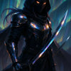 Shadowblade – AI Art, geheimnisvoller Krieger mit zwei Klingen unter tanzenden Polarlichtern, dunkle Rüstung.