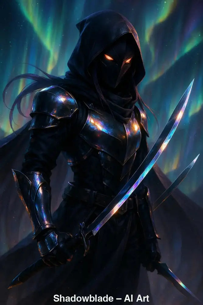 Shadowblade – AI Art, geheimnisvoller Krieger mit zwei Klingen unter tanzenden Polarlichtern, dunkle Rüstung.