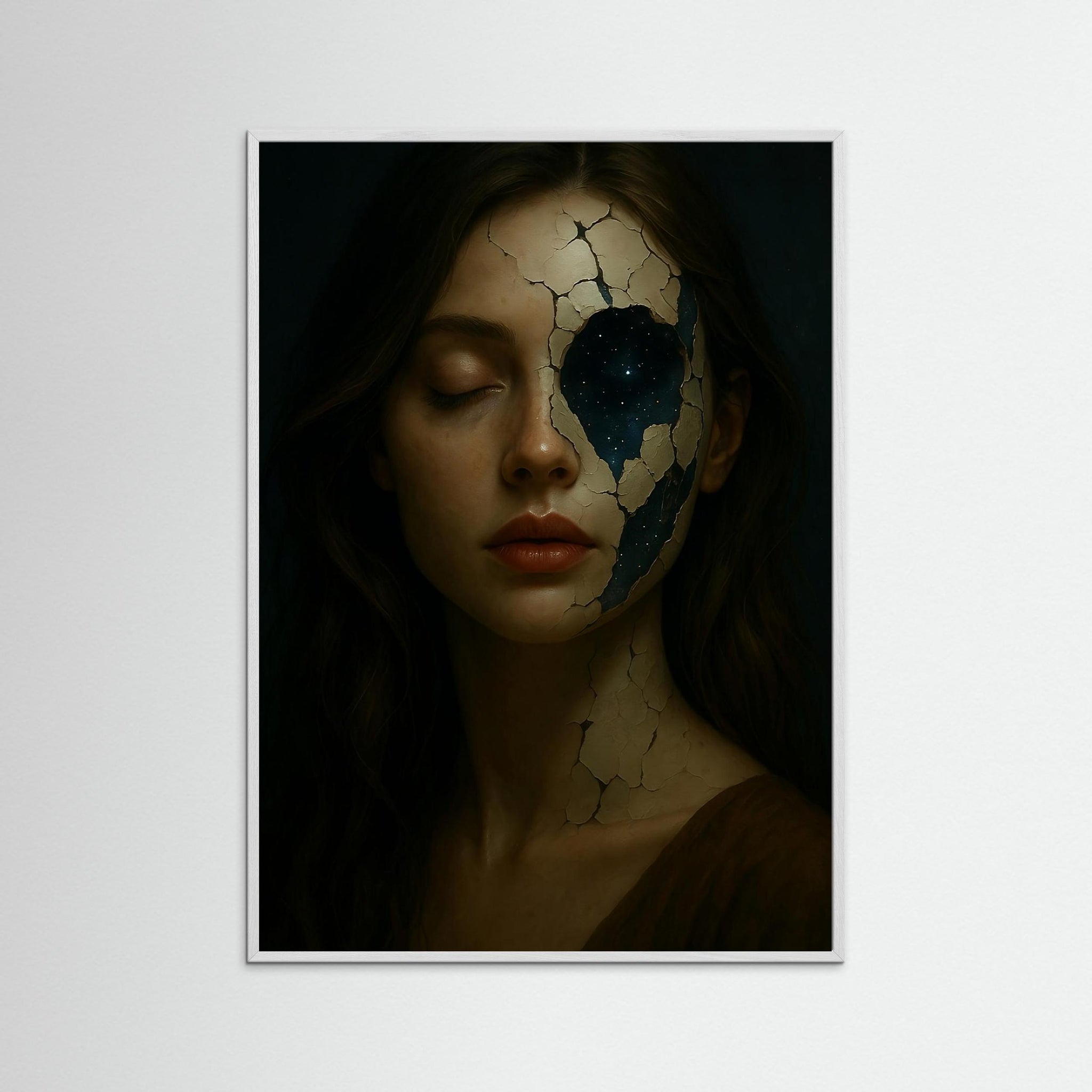 She Holds the Sky als Kunstmotiv mit weißem Echtholzrahmen